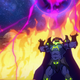 The horned Skele-God calls down purple lightning while standing in front of a sea of flames.